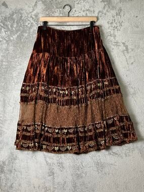 Cache Brown Crushed Velvet Tiered Maxi Skirt Boho Gypsy Fairycore Sequins Lace 8